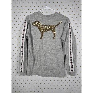Victorias Secret PINK GOLD DOG BLING Sequined Logo Stripe Campus Tee shirt XS